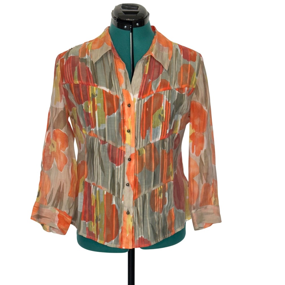 Nic + Zoe Orange Floral Pleated Peplum Blouse 3/4 Sleeve Lyocell Blend Medium